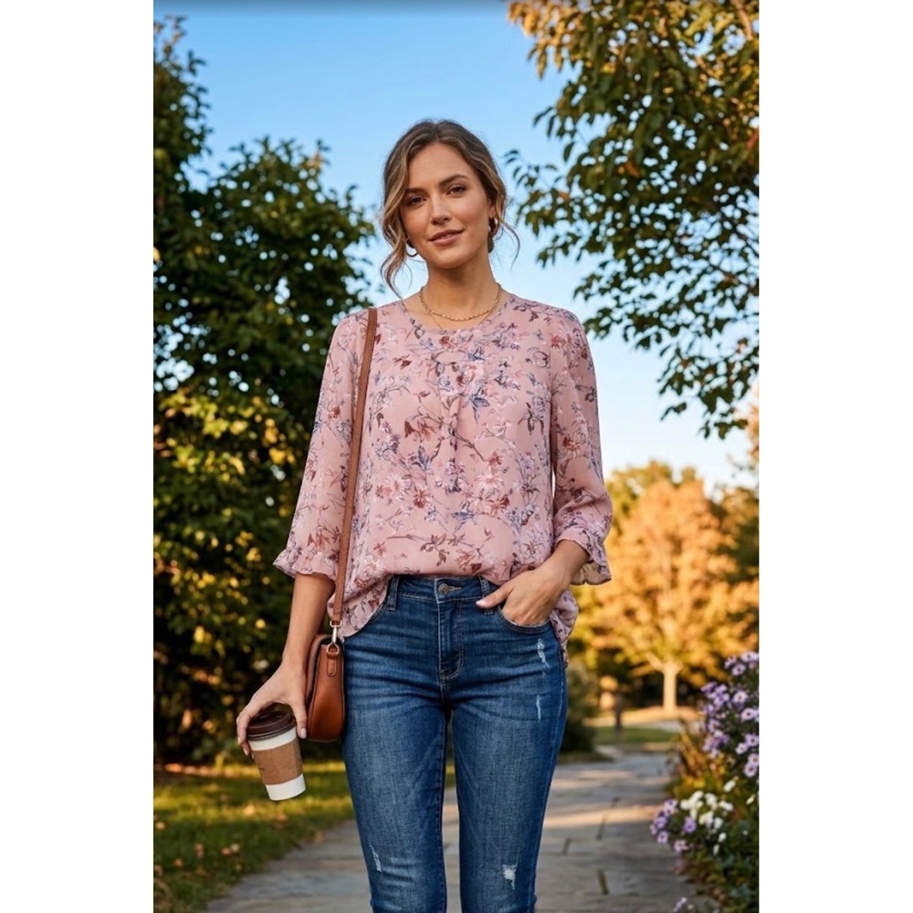 Allegra K Pink Floral Ruffle 3/4 Sleeve Blouse Top Small NWT